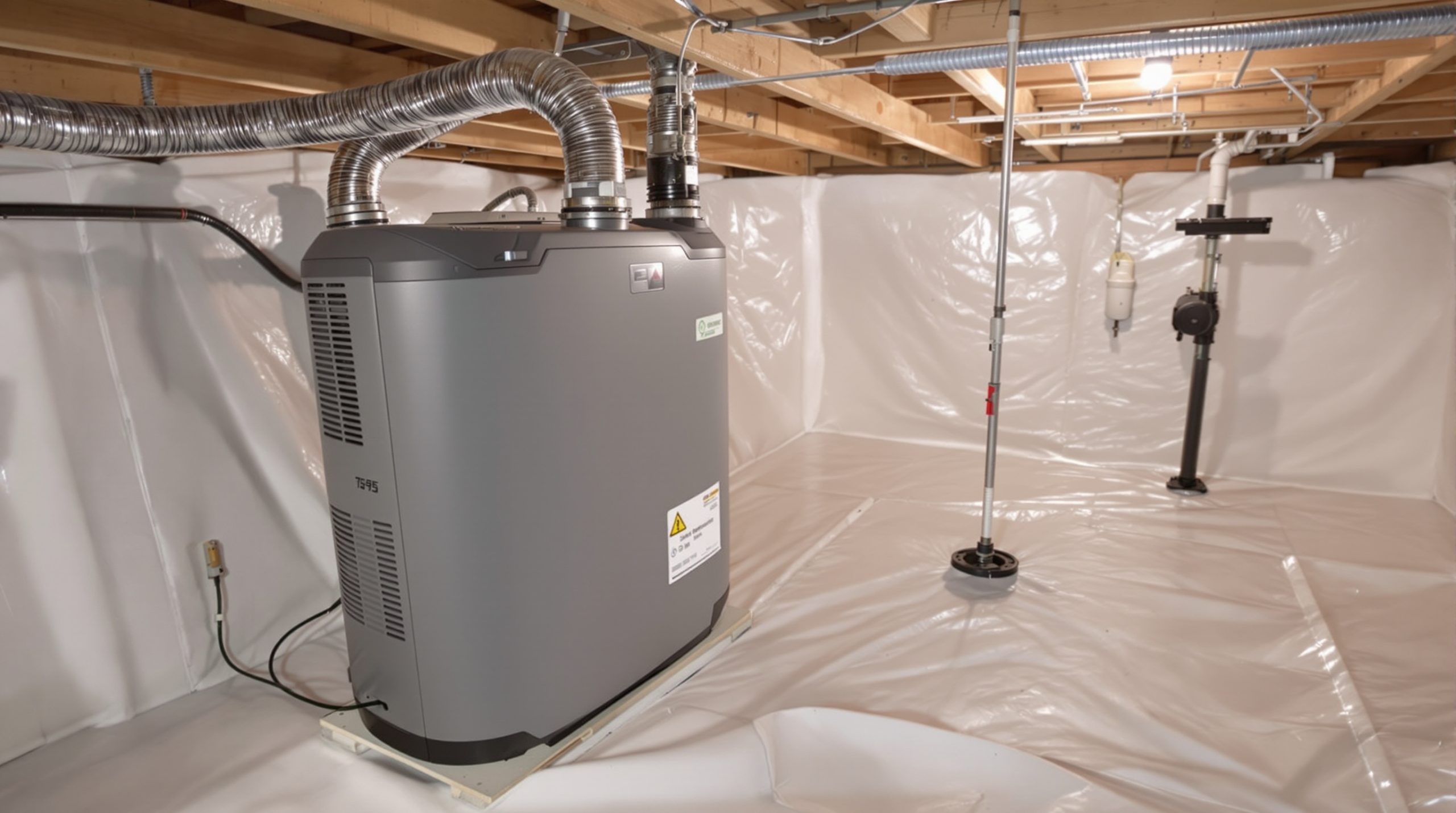 Crawl space dehumidifier running inside an encapsulated crawl space