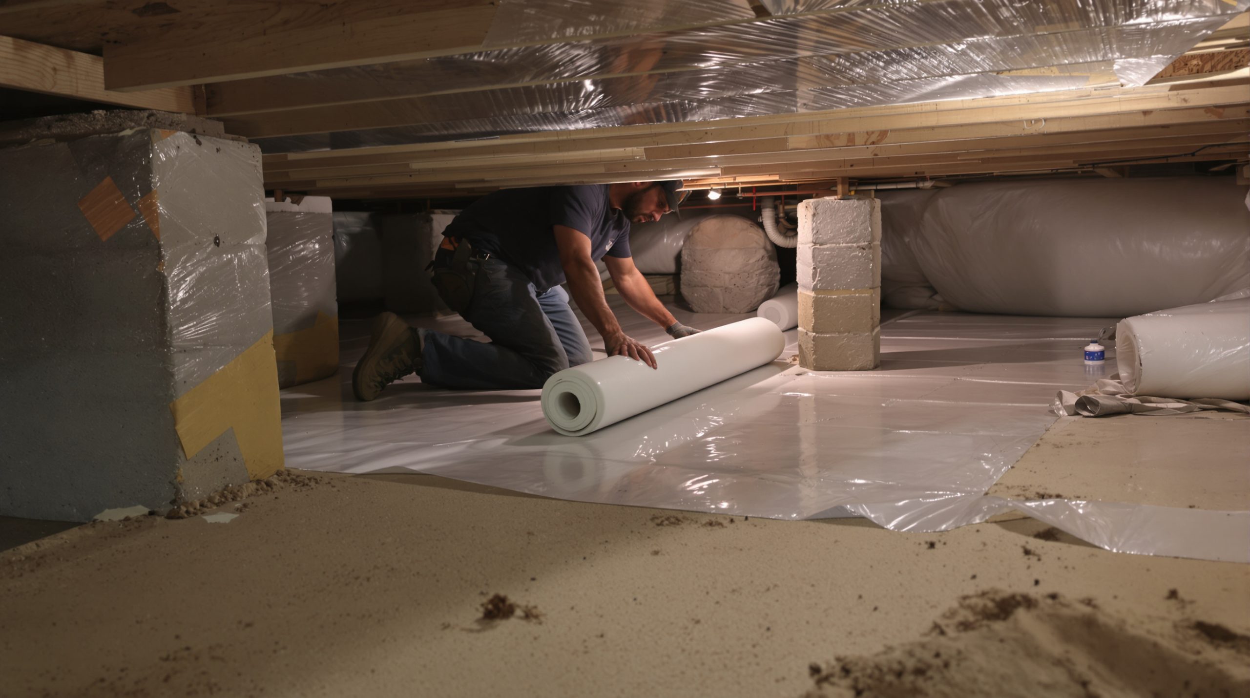 Heavy white reinforced vapor barrier being installed over a dirt crawl space floor