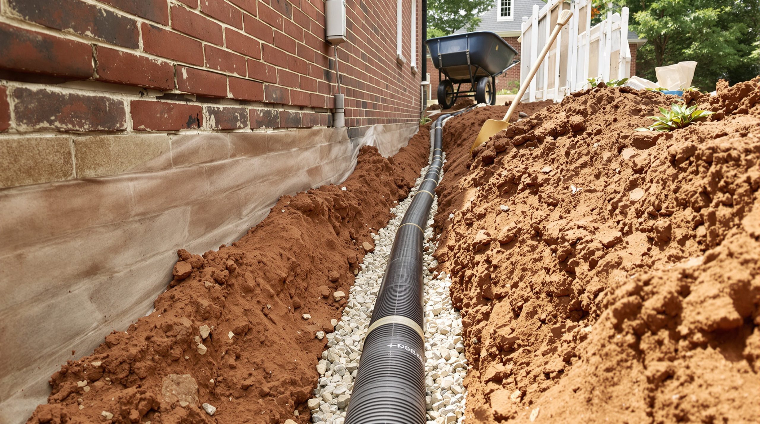 French drain trench with gravel and perforated pipe along a home foundation in red clay soil