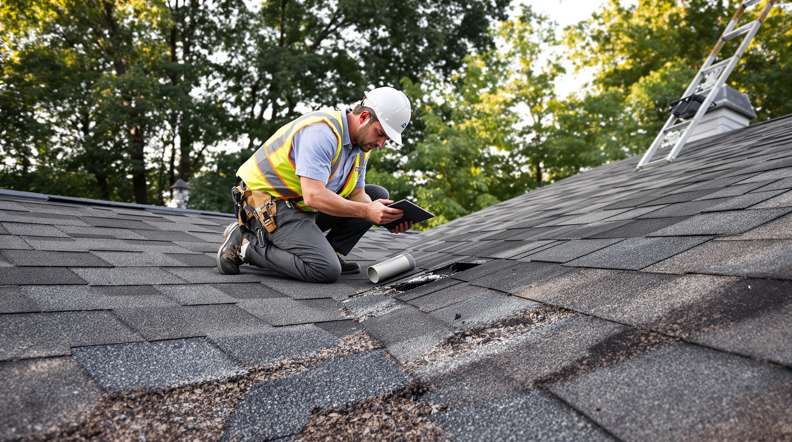 Roof inspector checking shingles and flashing on a Charlotte NC roof