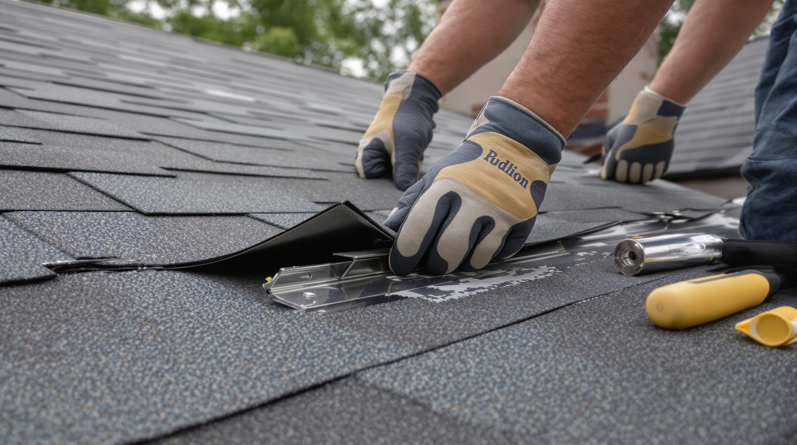 Roofer replacing damaged asphalt shingles and flashing on a Charlotte NC home