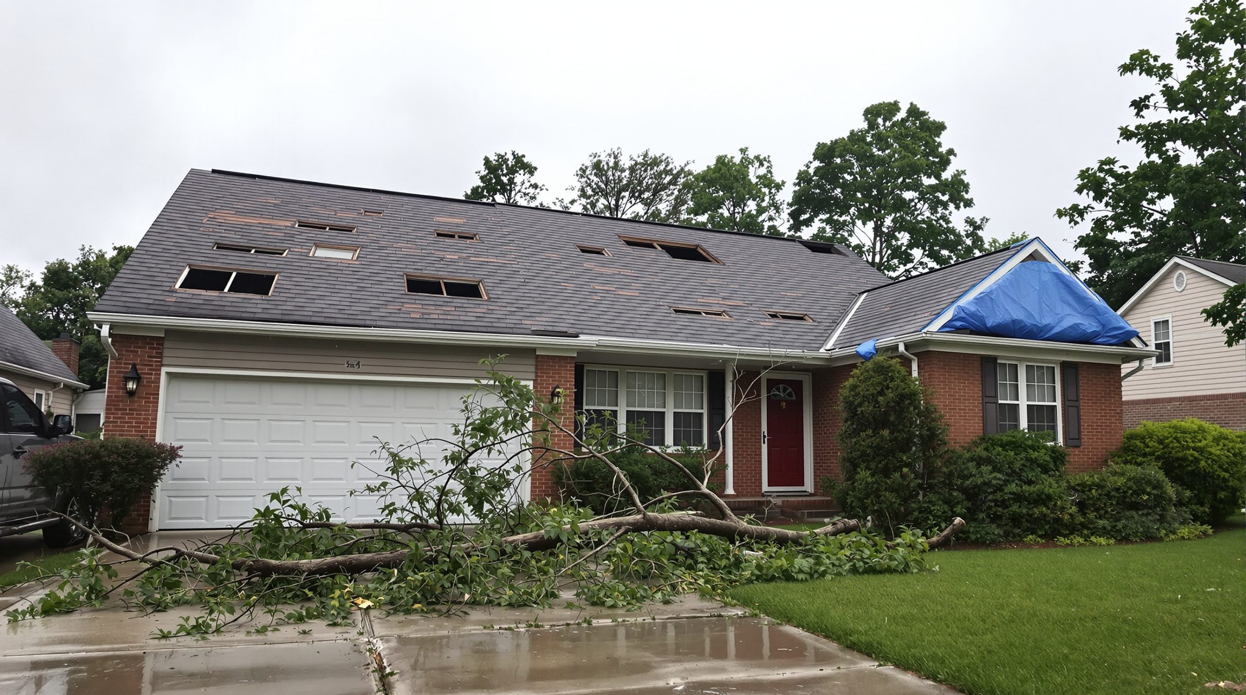 Storm-damaged roof with missing shingles and a blue tarp after a North Carolina storm