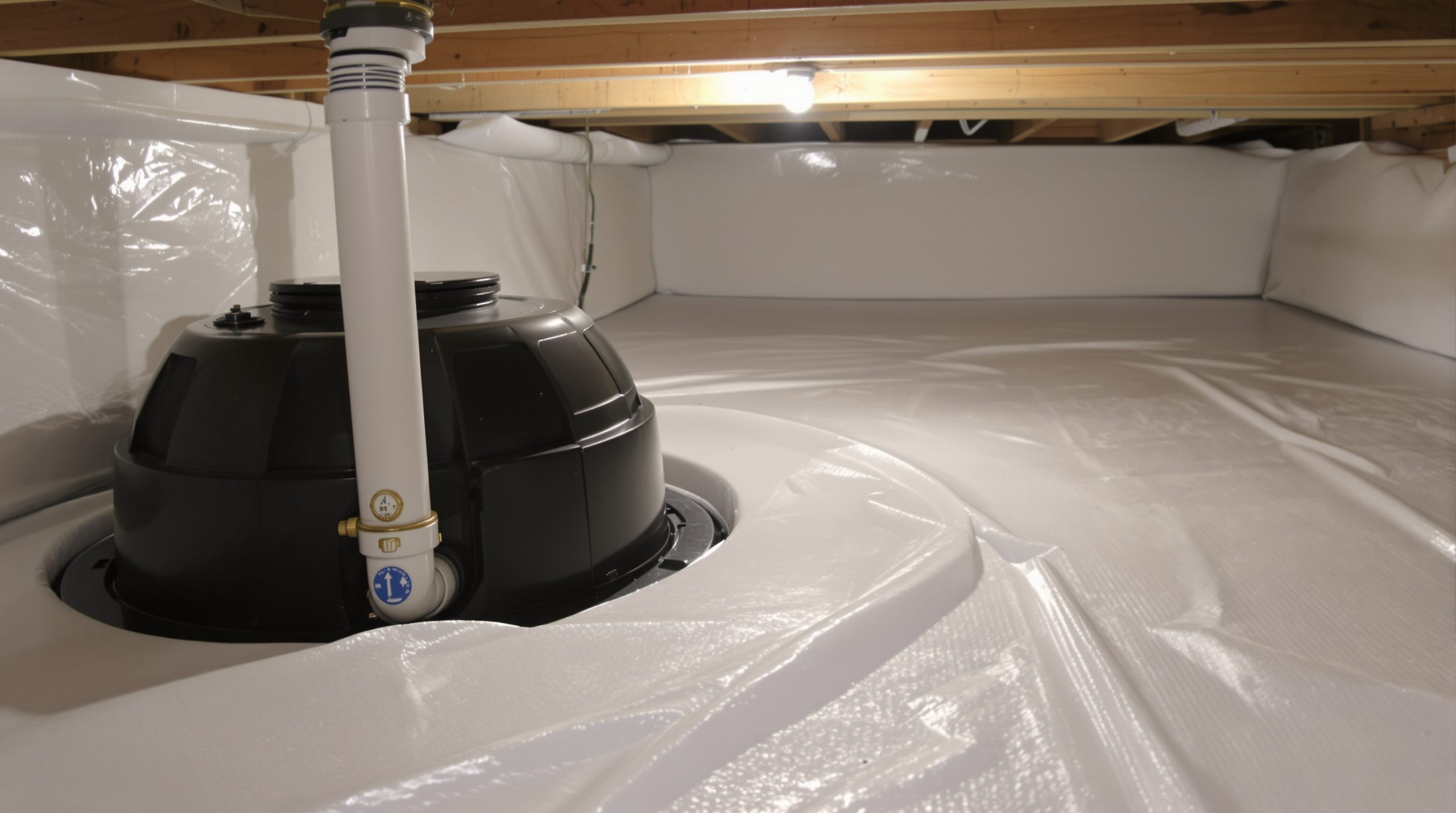 Waterproofed crawl space with sealed liner and sump basin