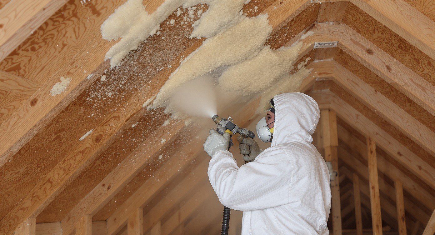 Spray foam insulation being applied to attic joists in Charlotte NC home